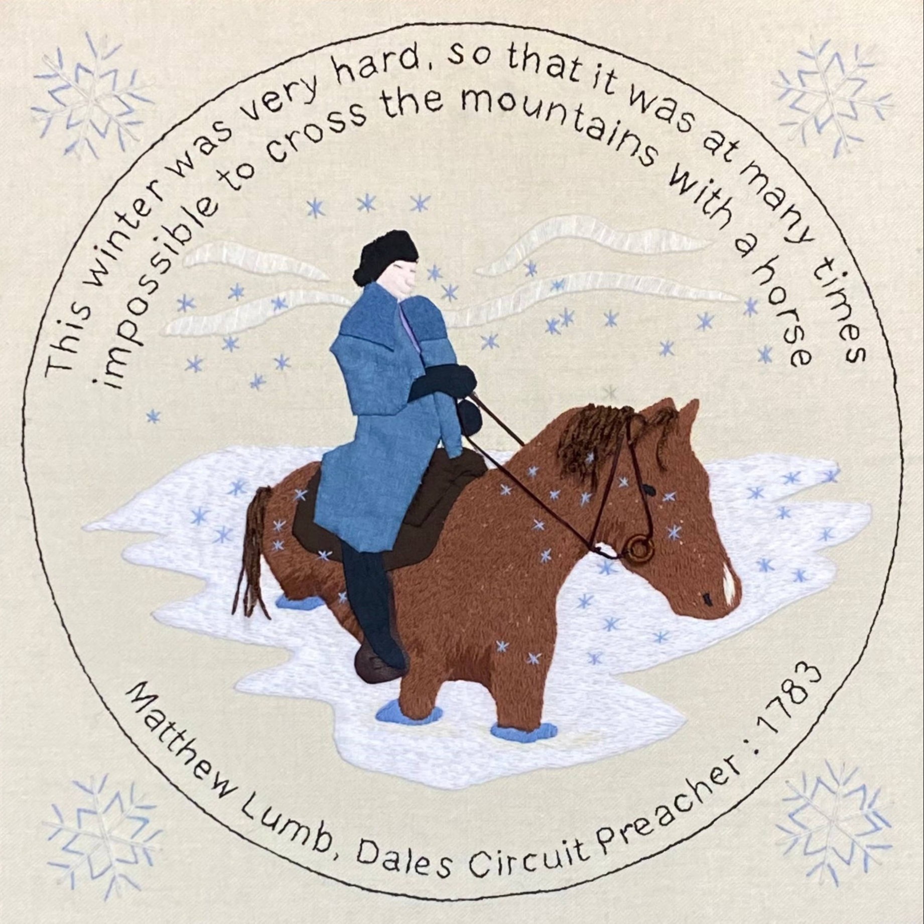 Needlework showing man on horseback travelling through snow