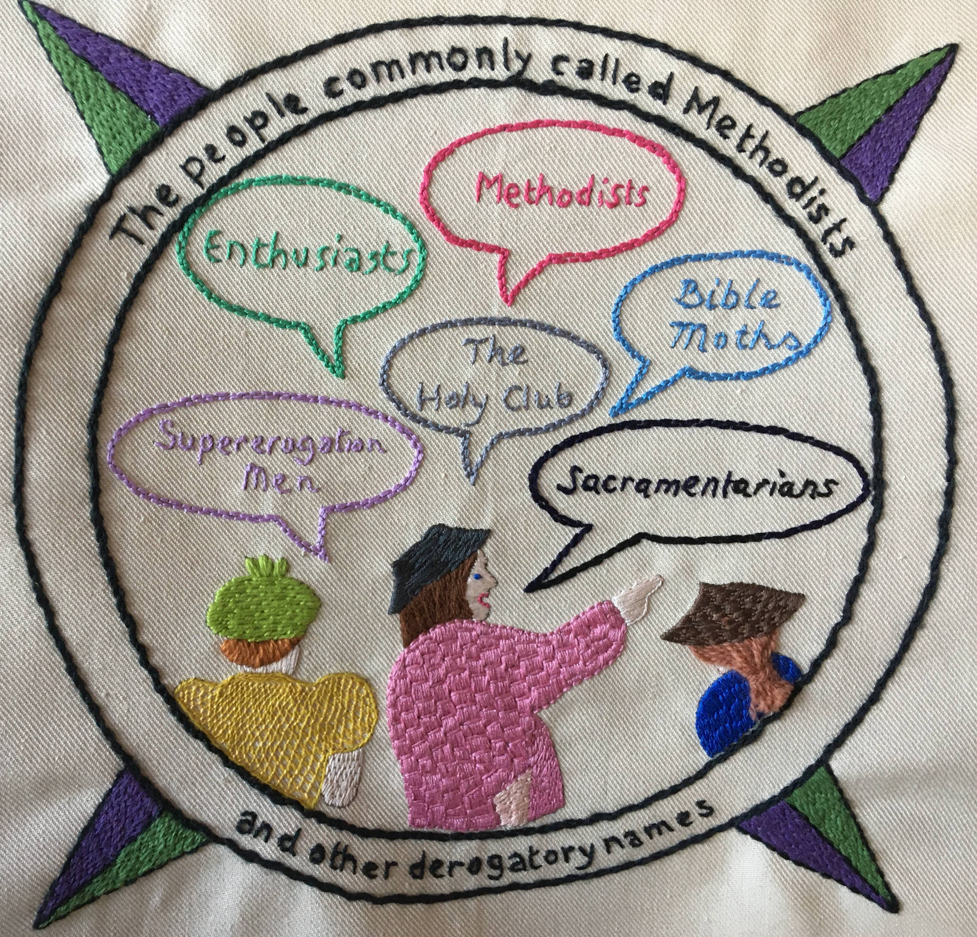 Needlework showing some of the early pejorative terms for Methodists such as Bible Moths and Sacramentarians